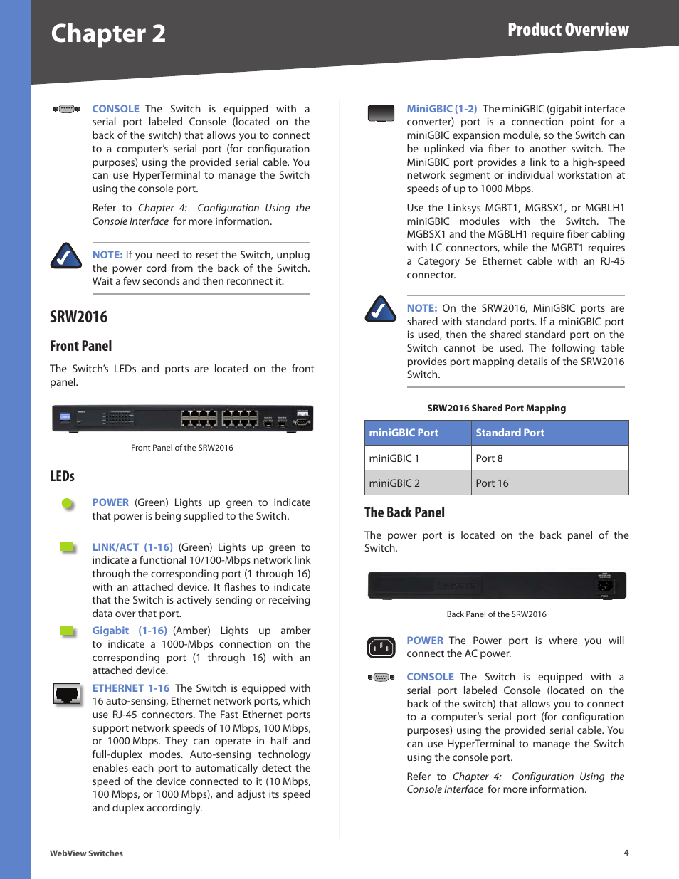 Srw2016, Front panel, Leds | The back panel, Front panel leds the back panel, Chapter 2, Product overview | Linksys BUSINESS SERIES SRW224G4 User Manual | Page 11 / 96