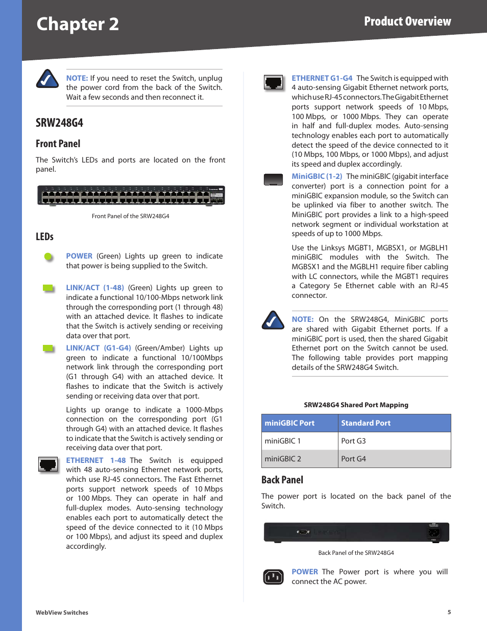 Srw248g4, Front panel, Leds | Back panel, Front panel leds back panel, Chapter 2, Product overview | Linksys BUSINESS SERIES SRW224G4 User Manual | Page 12 / 96