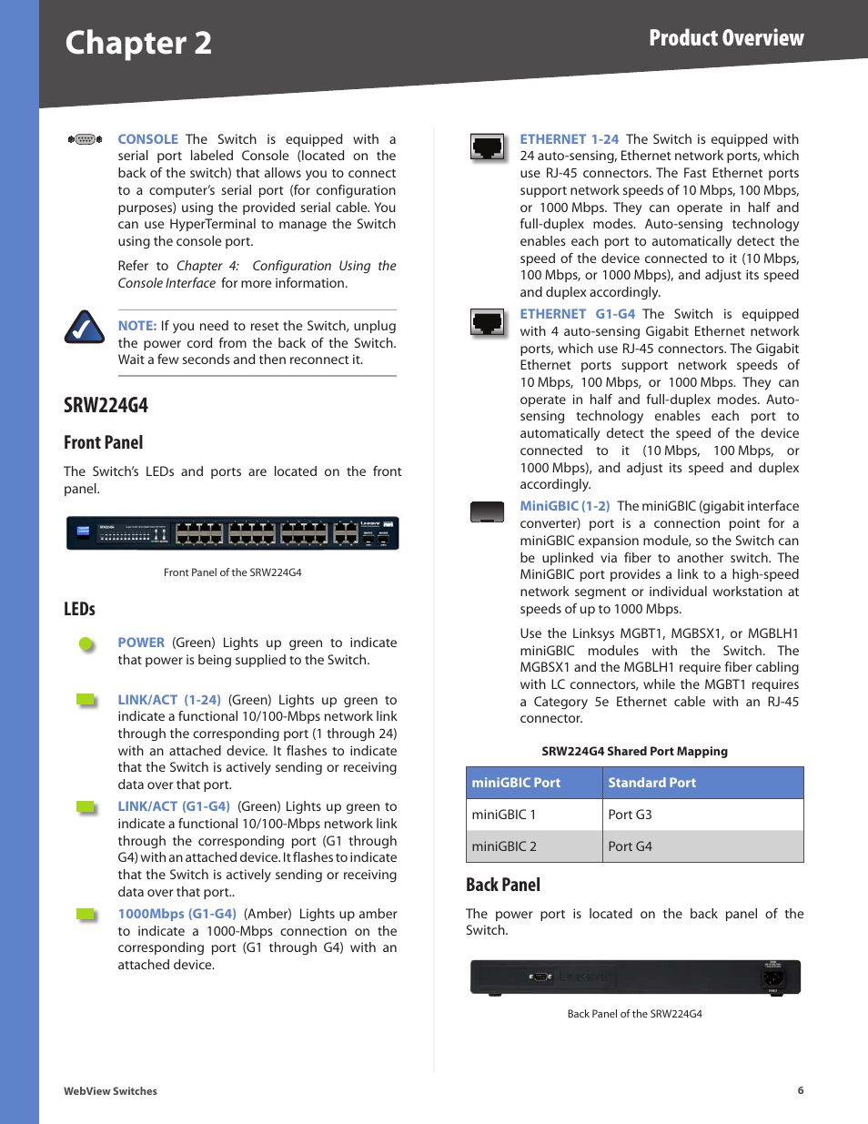 Srw224g4, Front panel, Leds | Back panel, Front panel leds back panel, Chapter 2, Product overview | Linksys BUSINESS SERIES SRW224G4 User Manual | Page 13 / 96