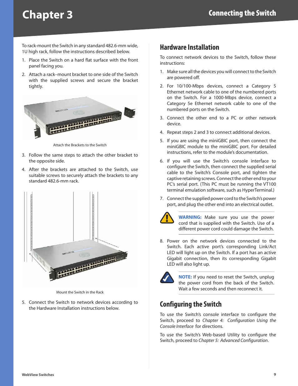 Hardware installation, Configuring the switch, Hardware installation configuring the switch | Chapter 3, Connecting the switch | Linksys BUSINESS SERIES SRW224G4 User Manual | Page 16 / 96