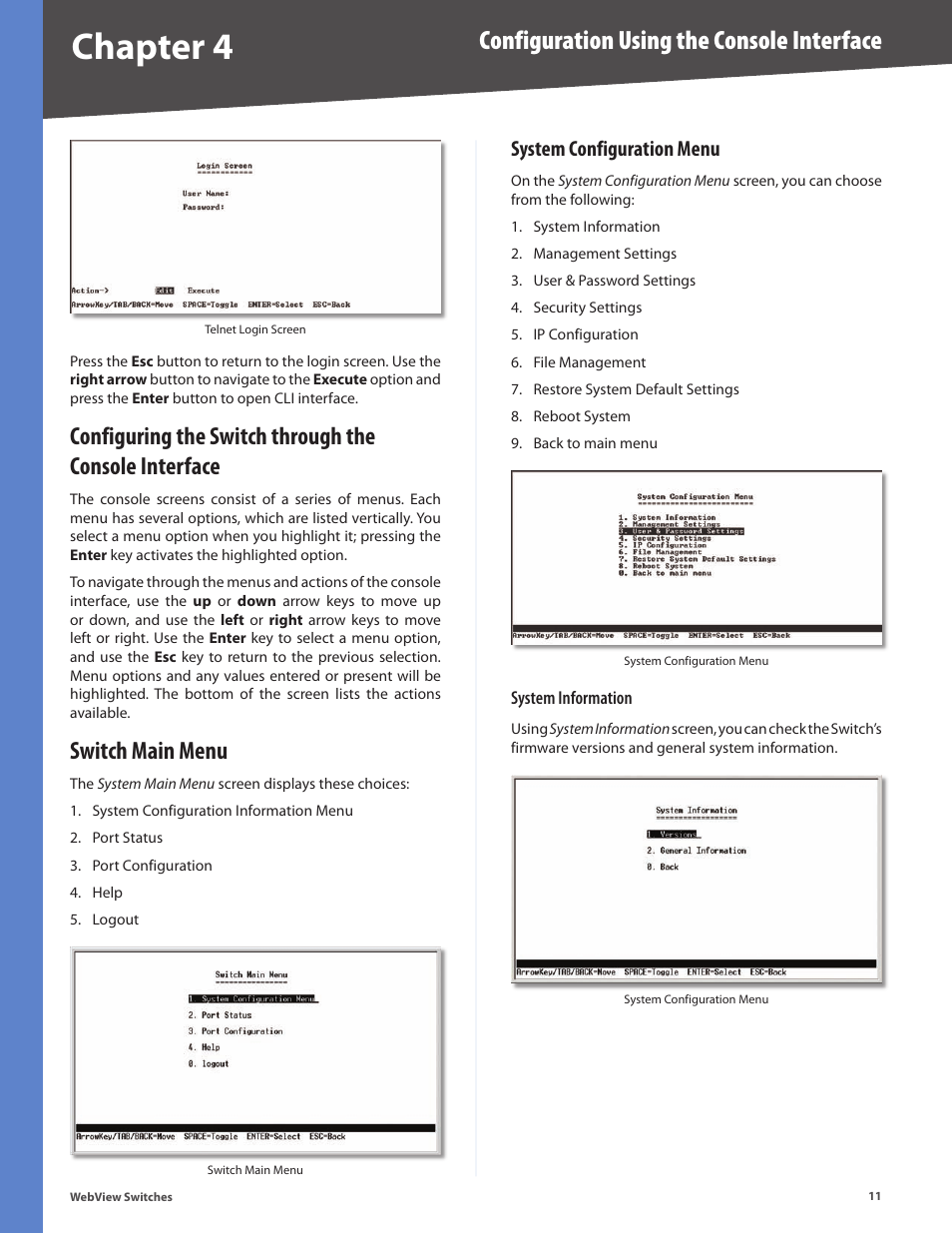 Switch main menu, System configuration menu, Chapter 4 | Configuration using the console interface | Linksys BUSINESS SERIES SRW224G4 User Manual | Page 18 / 96