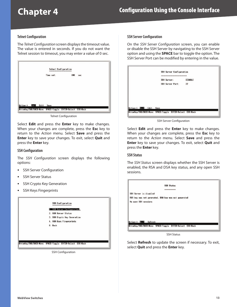 Chapter 4, Configuration using the console interface | Linksys BUSINESS SERIES SRW224G4 User Manual | Page 20 / 96