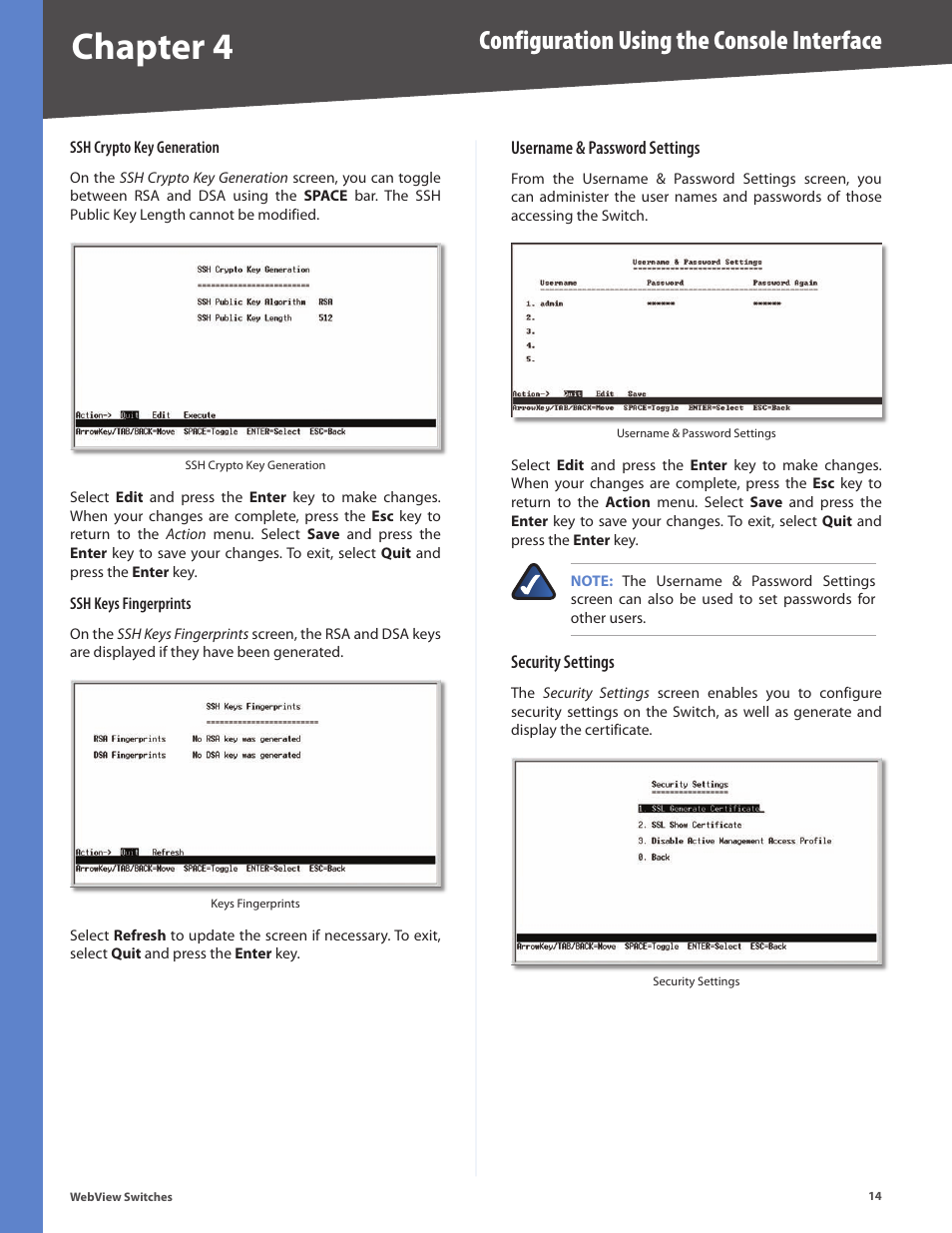 Chapter 4, Configuration using the console interface | Linksys BUSINESS SERIES SRW224G4 User Manual | Page 21 / 96