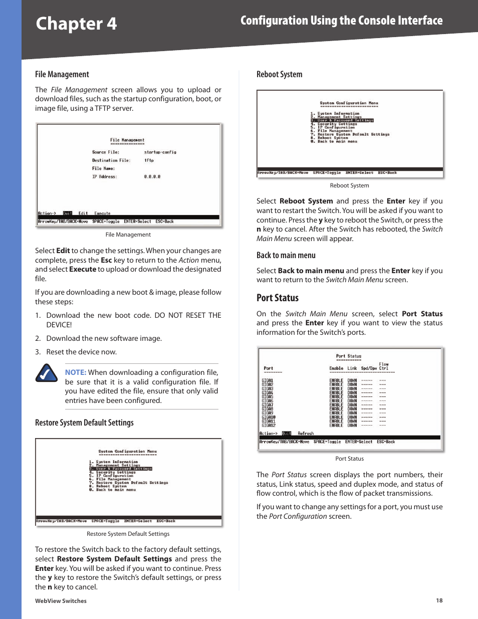 Port status, Chapter 4, Configuration using the console interface | Linksys BUSINESS SERIES SRW224G4 User Manual | Page 25 / 96