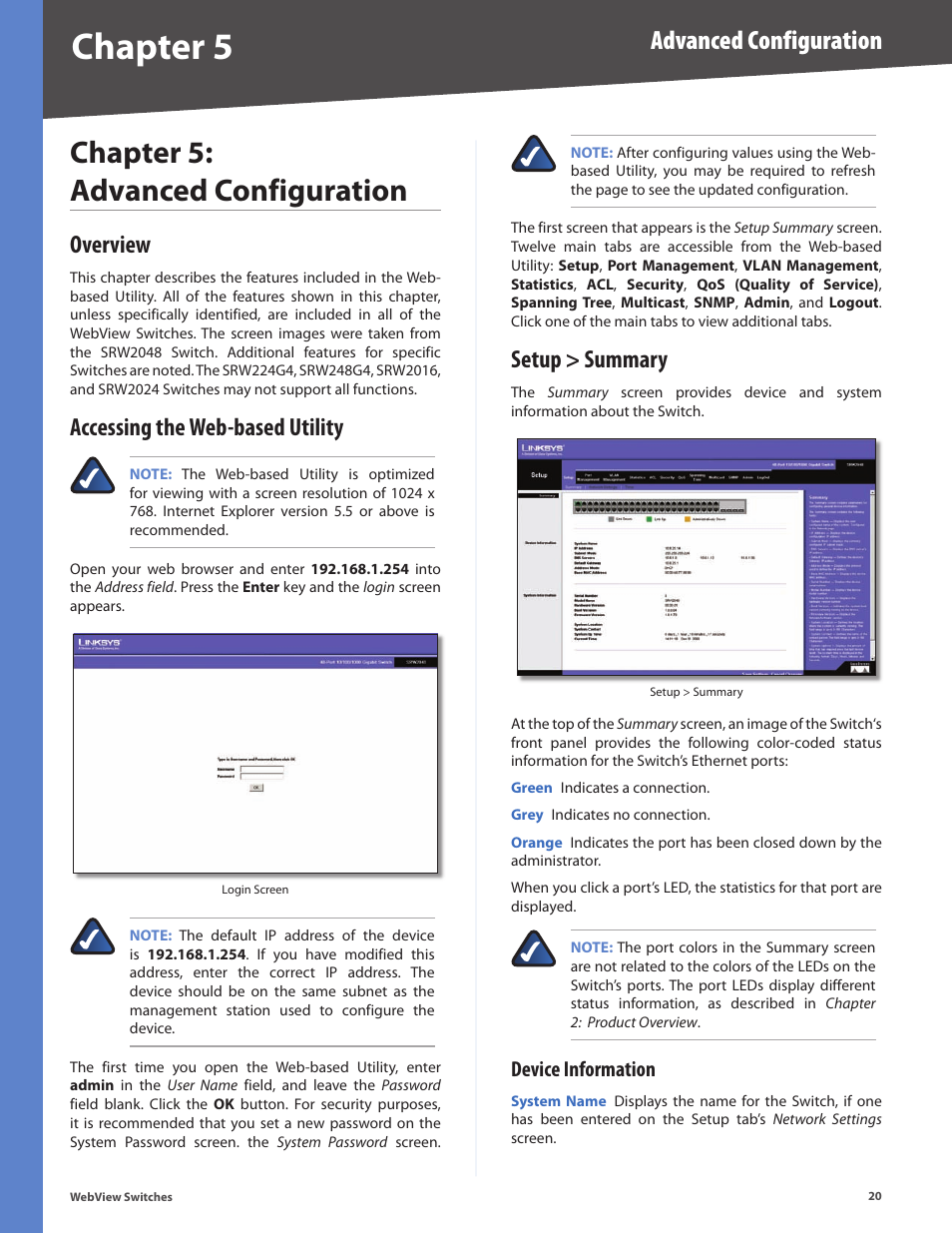 Chapter 5: advanced configuration, Overview, Accessing the web-based utility | Setup > summary, Device information, Chapter 5, Advanced configuration | Linksys BUSINESS SERIES SRW224G4 User Manual | Page 27 / 96