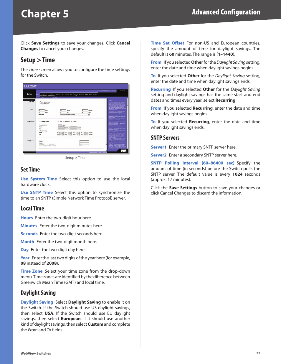 Setup > time, Set time, Local time | Daylight saving, Sntp servers, Set time local time daylight saving sntp servers, Chapter 5, Advanced configuration | Linksys BUSINESS SERIES SRW224G4 User Manual | Page 29 / 96