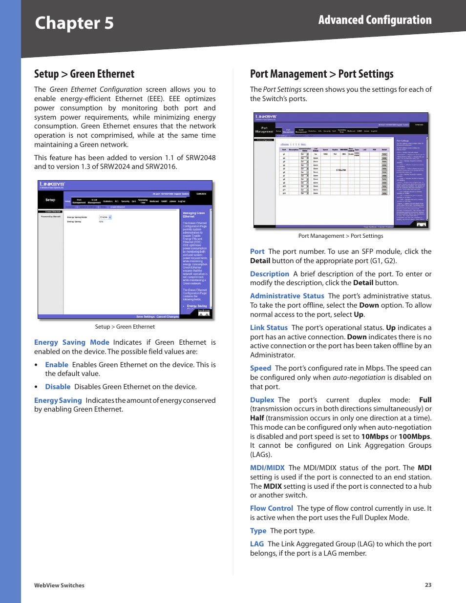 Setup > green ethernet, Port management > port settings, Chapter 5 | Advanced configuration | Linksys BUSINESS SERIES SRW224G4 User Manual | Page 30 / 96