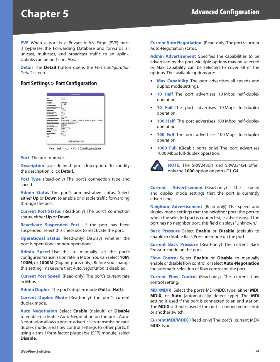 Port settings > port configuration, Chapter 5, Advanced configuration | Linksys BUSINESS SERIES SRW224G4 User Manual | Page 31 / 96