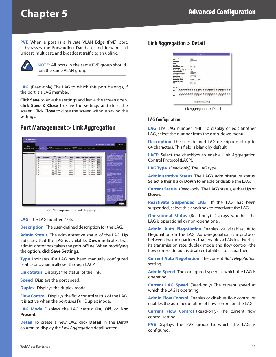 Port management > link aggregation, Link aggregation > detail, Chapter 5 | Advanced configuration | Linksys BUSINESS SERIES SRW224G4 User Manual | Page 32 / 96