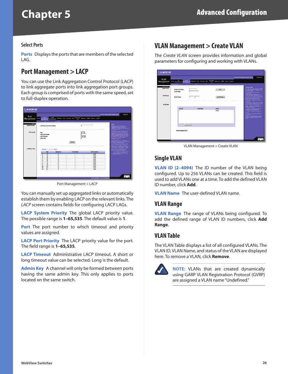 Port management > lacp, Vlan management > create vlan, Single vlan | Vlan range, Vlan table, Single vlan vlan range vlan table, Chapter 5, Advanced configuration | Linksys BUSINESS SERIES SRW224G4 User Manual | Page 33 / 96