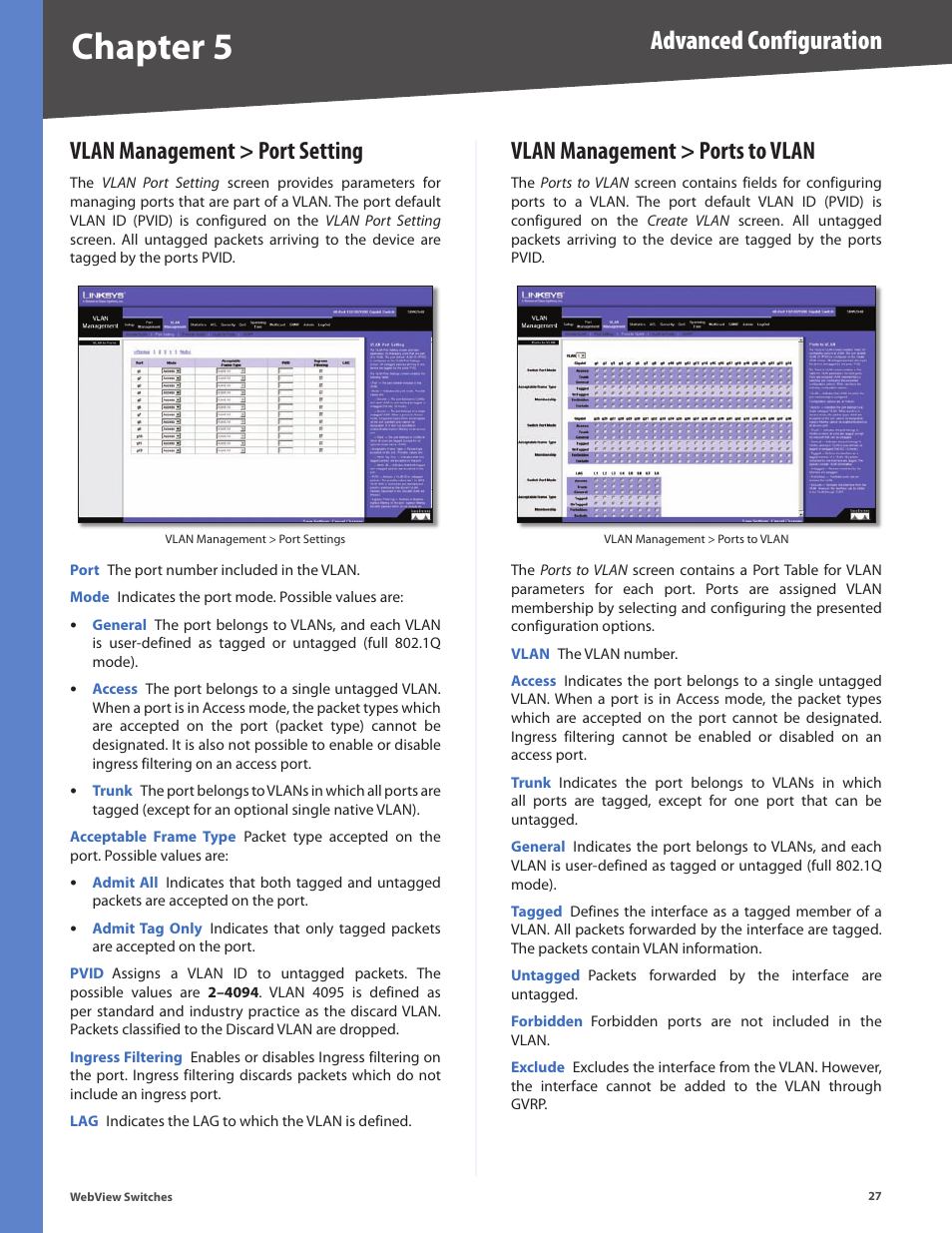 Vlan management > port setting, Vlan management > ports to vlan, Chapter 5 | Advanced configuration | Linksys BUSINESS SERIES SRW224G4 User Manual | Page 34 / 96