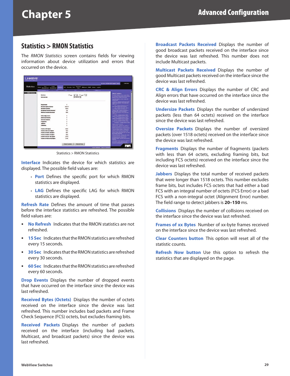 Statistics > rmon statistics, Chapter 5, Advanced configuration | Linksys BUSINESS SERIES SRW224G4 User Manual | Page 36 / 96