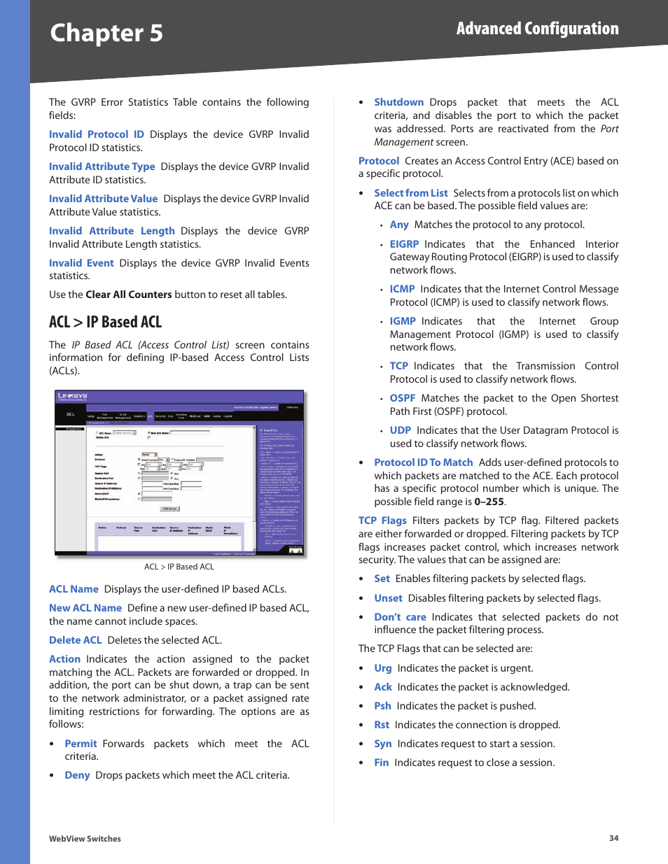 Acl > ip based acl, Chapter 5, Advanced configuration | Linksys BUSINESS SERIES SRW224G4 User Manual | Page 41 / 96