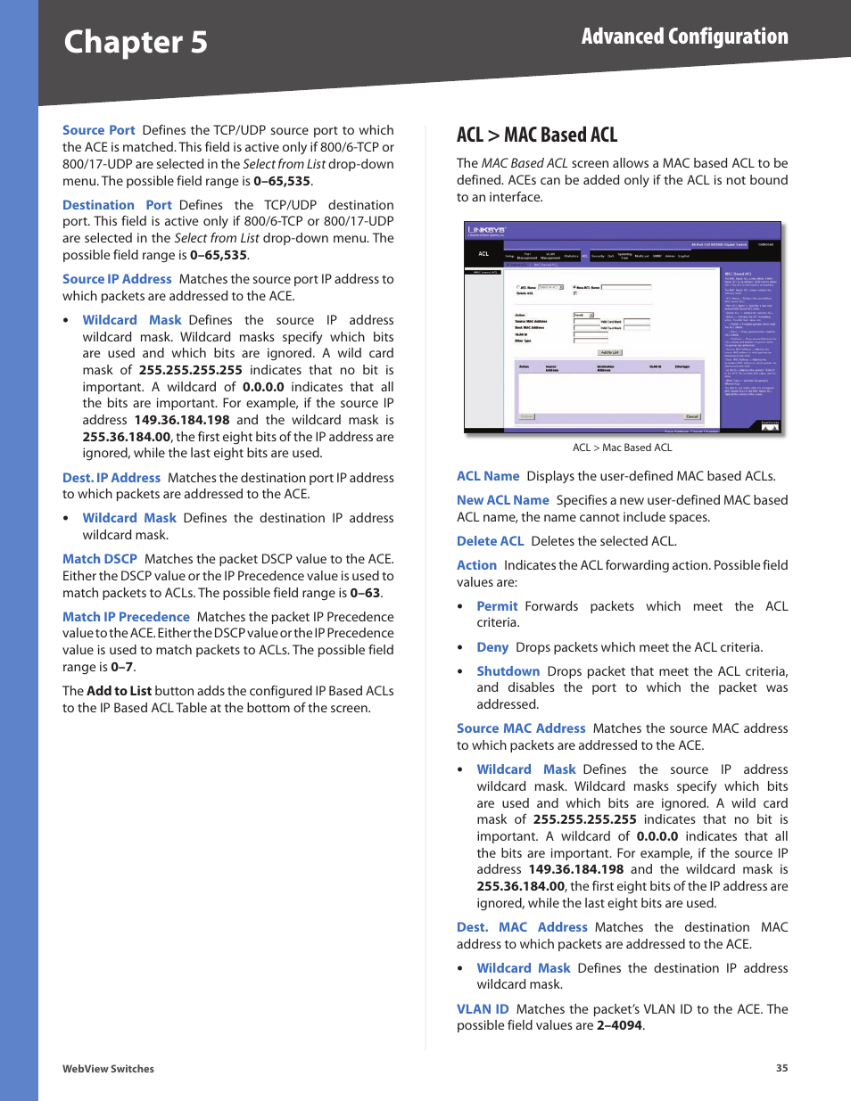 Acl > mac based acl, Chapter 5, Advanced configuration | Linksys BUSINESS SERIES SRW224G4 User Manual | Page 42 / 96