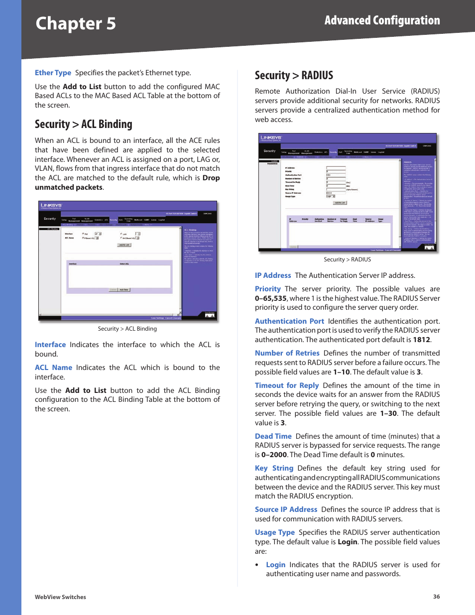 Security > acl binding, Security > radius, Chapter 5 | Advanced configuration | Linksys BUSINESS SERIES SRW224G4 User Manual | Page 43 / 96