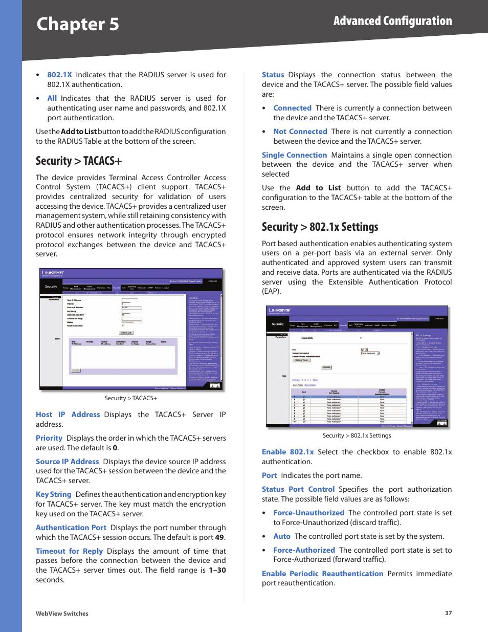 Security > tacacs, Security > 802.1x settings, Security > tacacs+ security > 802.1x settings | Chapter 5, Advanced configuration | Linksys BUSINESS SERIES SRW224G4 User Manual | Page 44 / 96