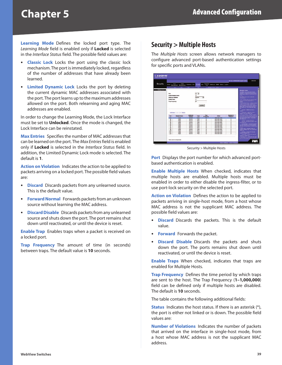 Security > multiple hosts, Chapter 5, Advanced configuration | Linksys BUSINESS SERIES SRW224G4 User Manual | Page 46 / 96