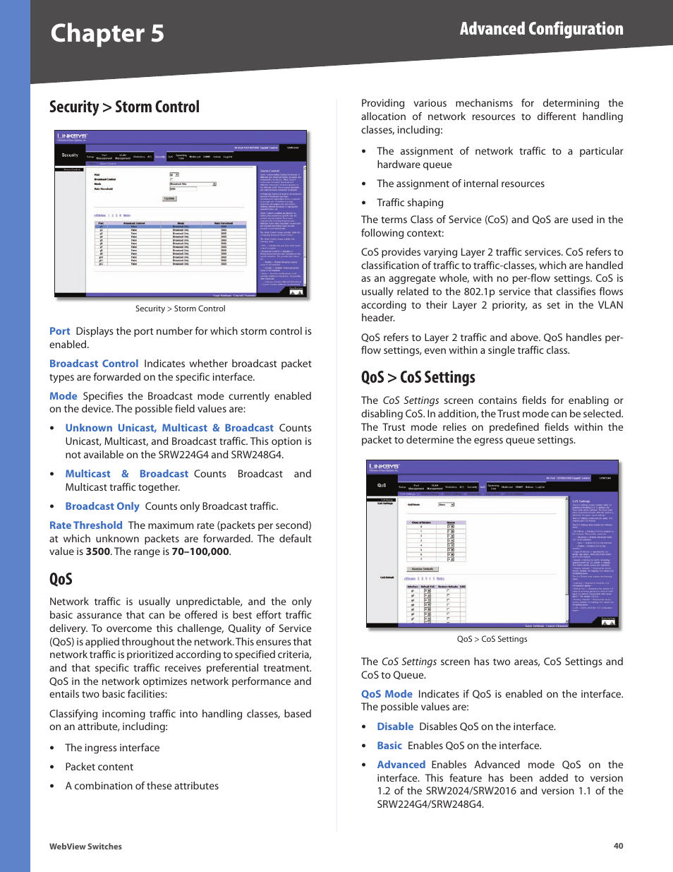 Security > storm control, Qos > cos settings, Security > storm control qos qos > cos settings | Chapter 5, Advanced configuration | Linksys BUSINESS SERIES SRW224G4 User Manual | Page 47 / 96