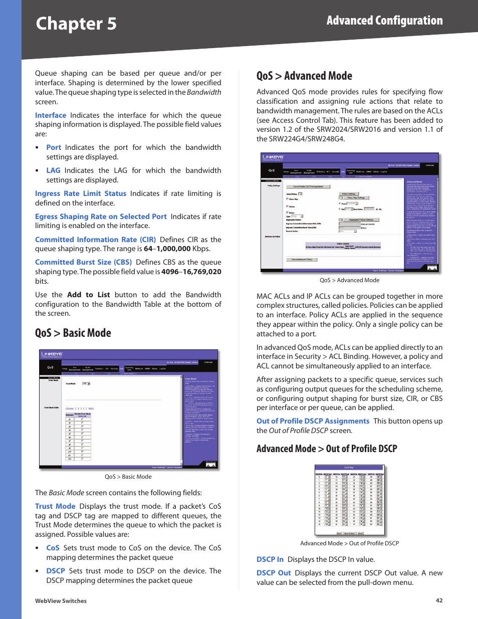 Qos > basic mode, Qos > advanced mode, Advanced mode > out of profile dscp | Qos > basic mode qos > advanced mode, Chapter 5, Advanced configuration | Linksys BUSINESS SERIES SRW224G4 User Manual | Page 49 / 96