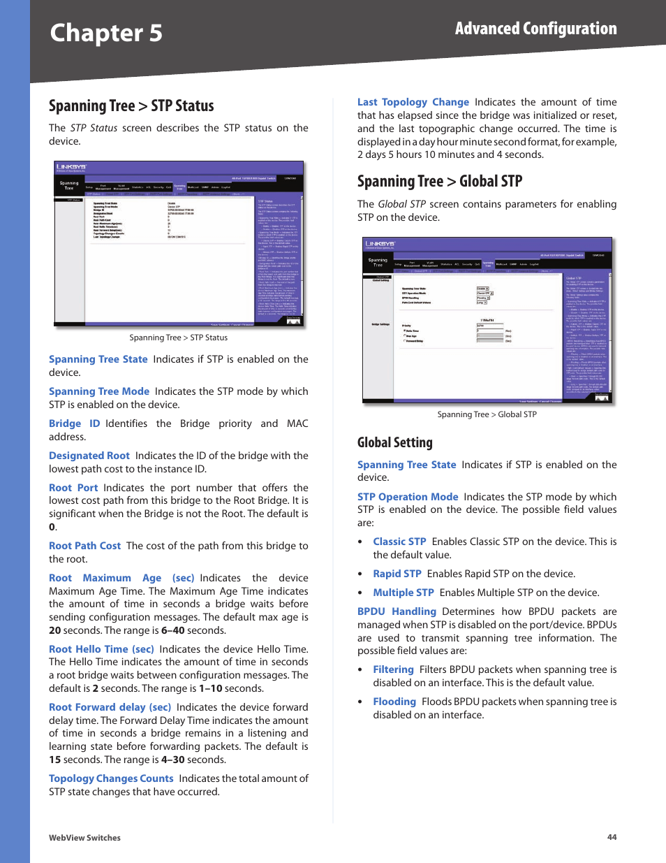 Spanning tree > stp status, Spanning tree > global stp, Global setting | Chapter 5, Advanced configuration | Linksys BUSINESS SERIES SRW224G4 User Manual | Page 51 / 96