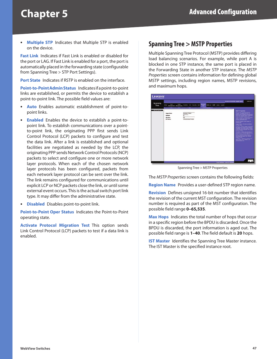 Spanning tree > mstp properties, Chapter 5, Advanced configuration | Linksys BUSINESS SERIES SRW224G4 User Manual | Page 54 / 96
