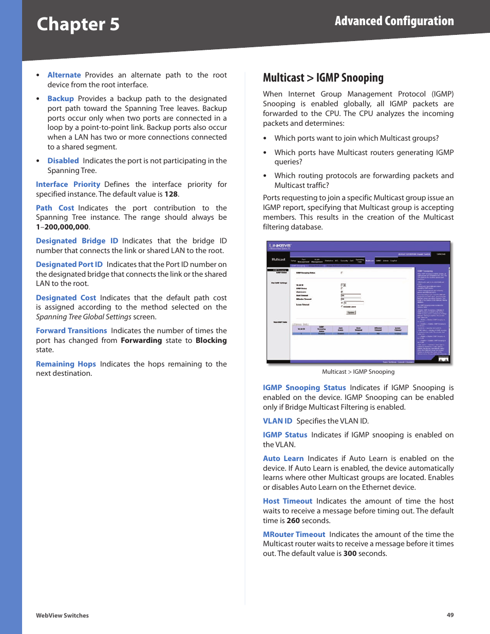 Multicast > igmp snooping, Chapter 5, Advanced configuration | Linksys BUSINESS SERIES SRW224G4 User Manual | Page 56 / 96