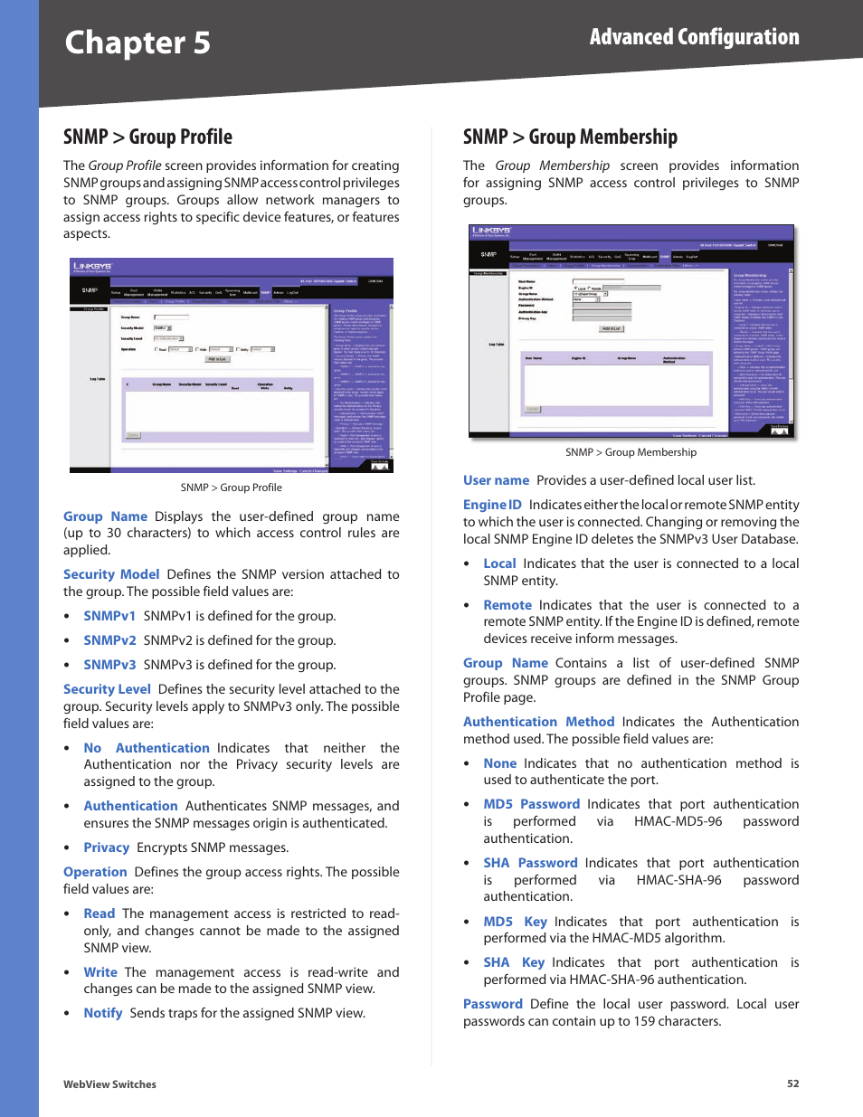 Snmp > group profile, Snmp > group membership, Snmp > group profile snmp > group membership | Chapter 5, Advanced configuration | Linksys BUSINESS SERIES SRW224G4 User Manual | Page 59 / 96