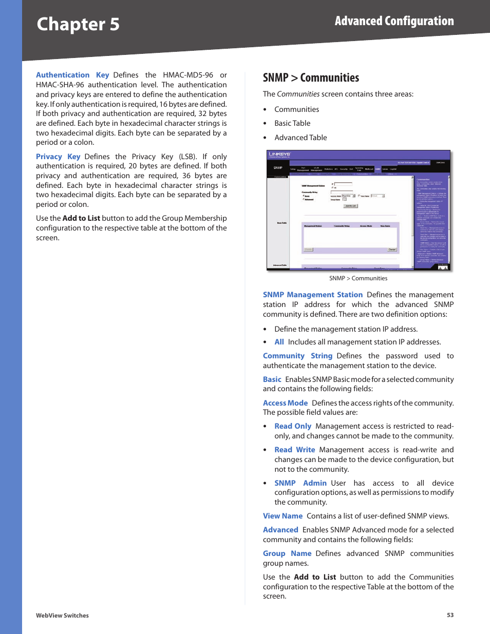Snmp > communities, Chapter 5, Advanced configuration | Linksys BUSINESS SERIES SRW224G4 User Manual | Page 60 / 96
