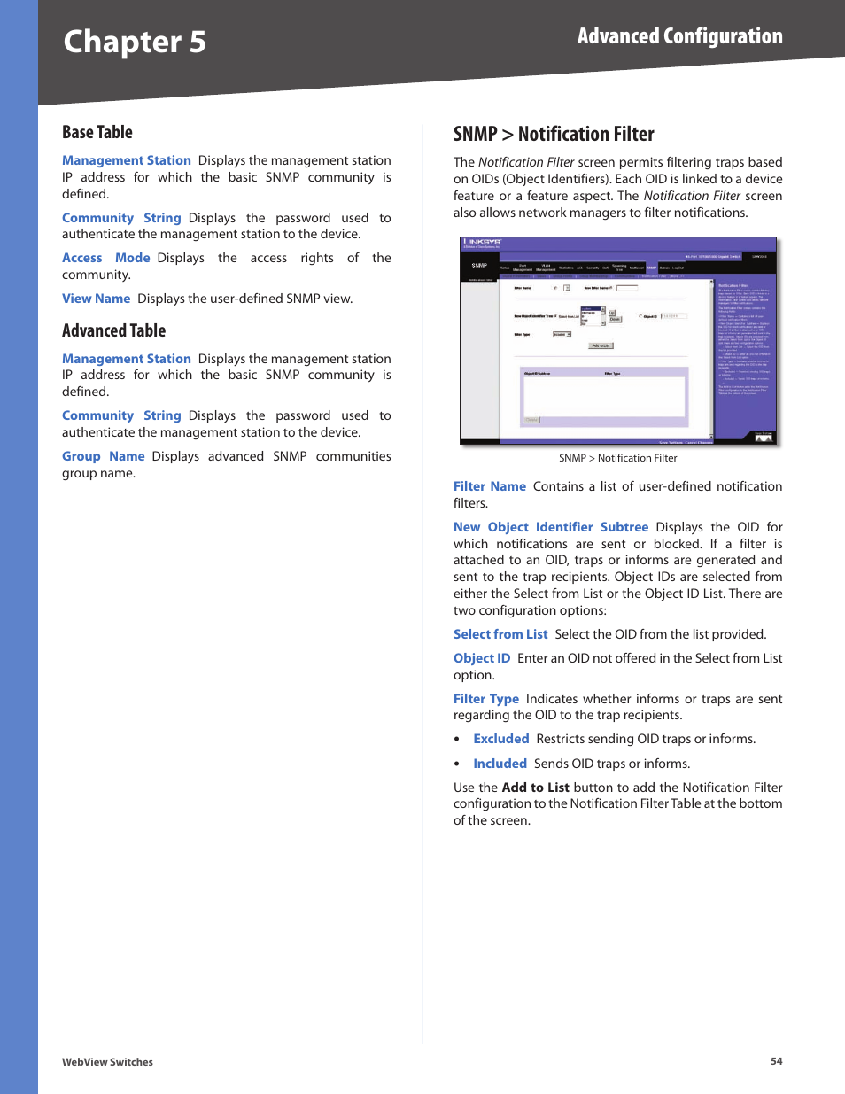 Base table, Advanced table, Snmp > notification filter | Base table advanced table, Chapter 5, Advanced configuration | Linksys BUSINESS SERIES SRW224G4 User Manual | Page 61 / 96