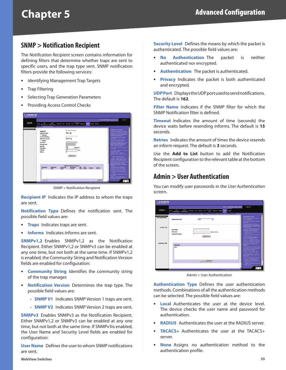 Snmp > notification recipient, Admin > user authentication, Chapter 5 | Advanced configuration | Linksys BUSINESS SERIES SRW224G4 User Manual | Page 62 / 96