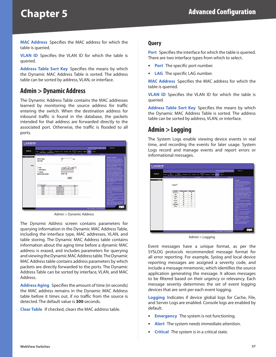 Admin > dynamic address, Query, Admin > logging | Chapter 5, Advanced configuration | Linksys BUSINESS SERIES SRW224G4 User Manual | Page 64 / 96
