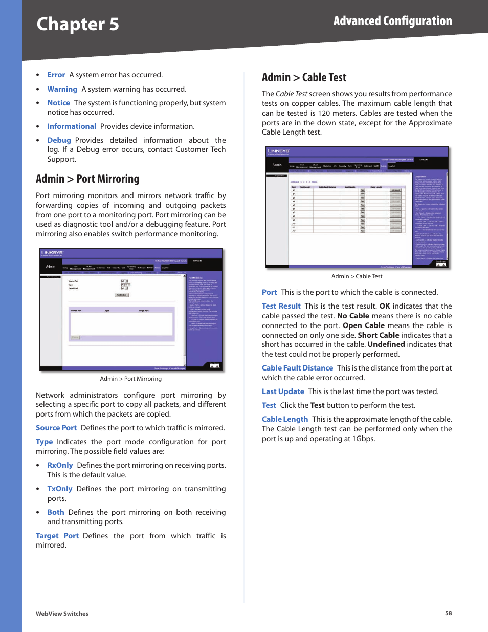 Admin > port mirroring, Admin > cable test, Admin > port mirroring admin > cable test | Chapter 5, Advanced configuration | Linksys BUSINESS SERIES SRW224G4 User Manual | Page 65 / 96