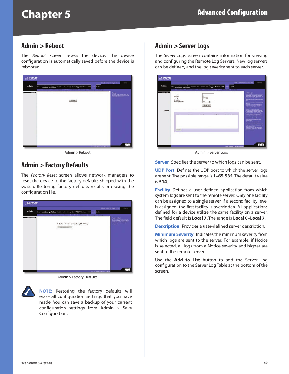 Admin > reboot, Admin > factory defaults, Admin > server logs | Chapter 5, Advanced configuration | Linksys BUSINESS SERIES SRW224G4 User Manual | Page 67 / 96