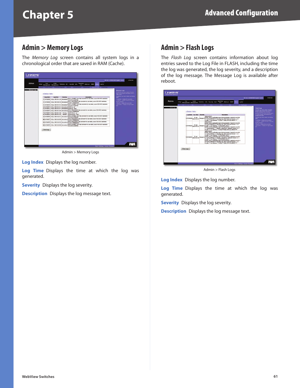 Admin > memory logs, Admin > flash logs, Admin > memory logs admin > flash logs | Chapter 5, Advanced configuration | Linksys BUSINESS SERIES SRW224G4 User Manual | Page 68 / 96