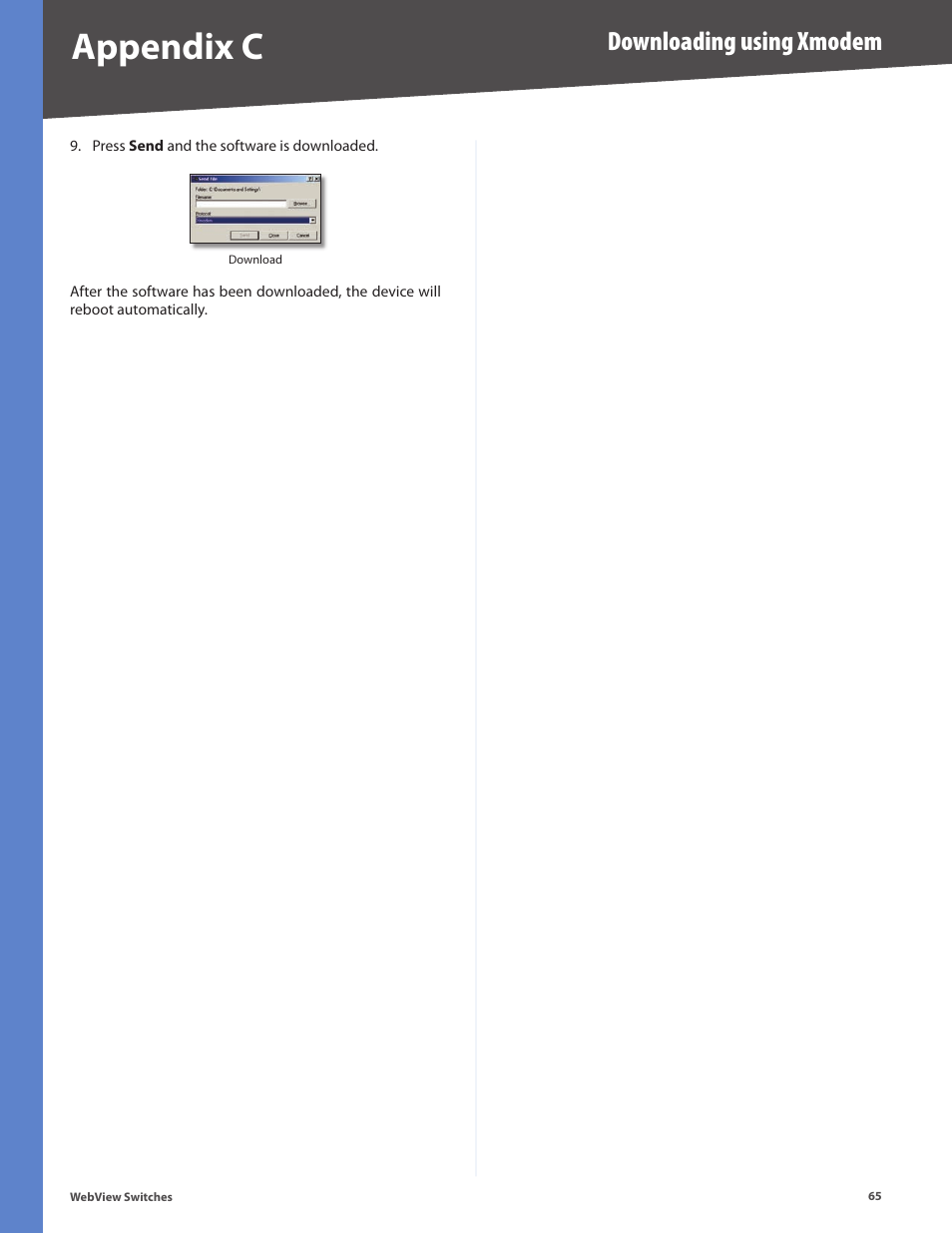 Appendix c, Downloading using xmodem | Linksys BUSINESS SERIES SRW224G4 User Manual | Page 72 / 96