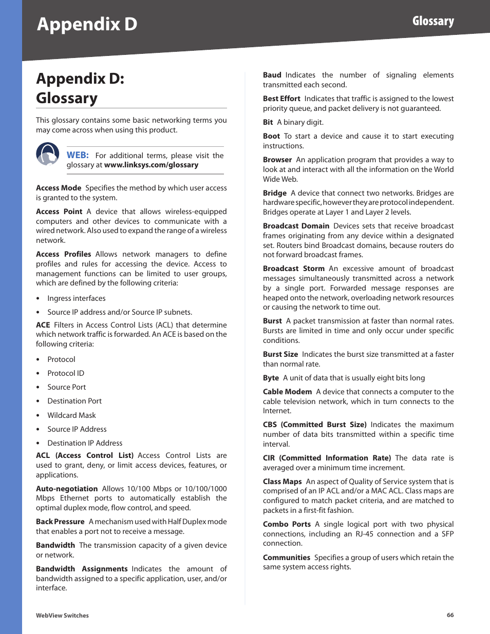 Appendix d: glossary, Appendix d, Glossary | Linksys BUSINESS SERIES SRW224G4 User Manual | Page 73 / 96