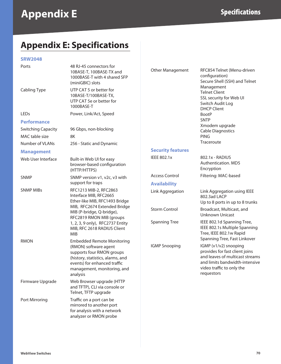 Appendix e: specifications, Appendix e, Specifications | Linksys BUSINESS SERIES SRW224G4 User Manual | Page 77 / 96