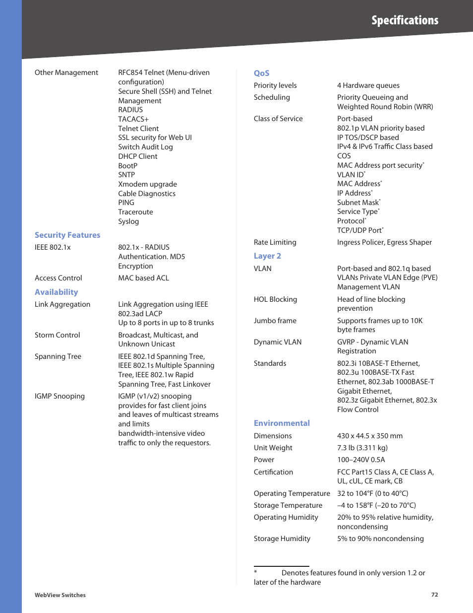 Specifications | Linksys BUSINESS SERIES SRW224G4 User Manual | Page 79 / 96