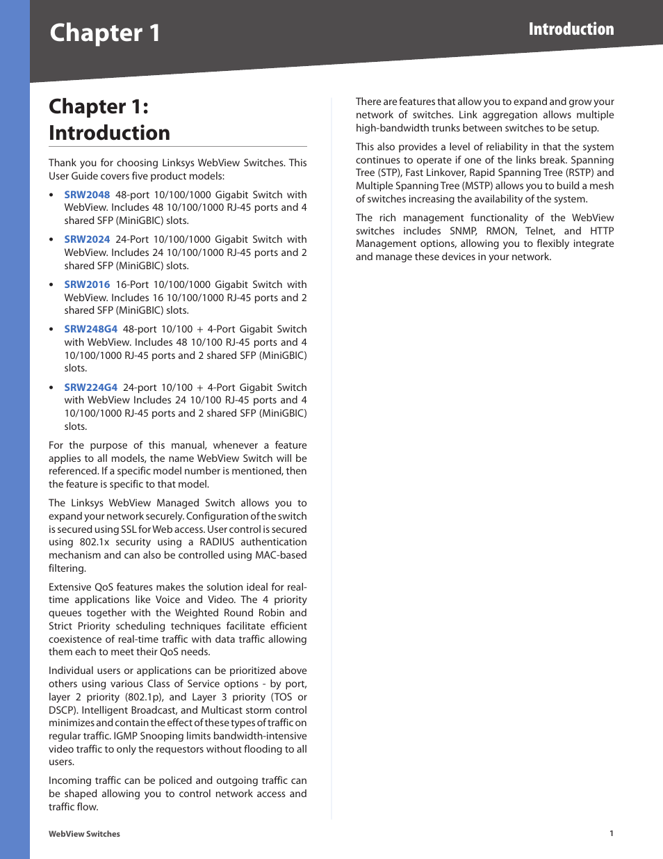 Chapter 1: introduction, Chapter 1, Introduction | Linksys BUSINESS SERIES SRW224G4 User Manual | Page 8 / 96