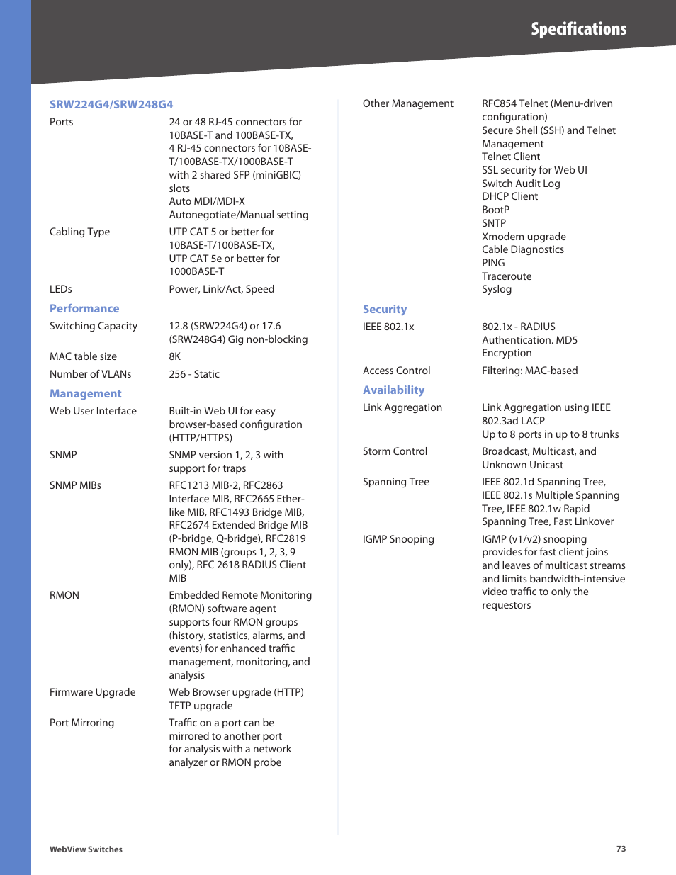 Specifications | Linksys BUSINESS SERIES SRW224G4 User Manual | Page 80 / 96