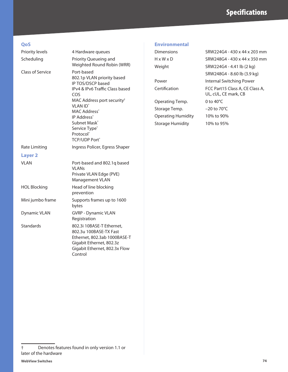 Specifications | Linksys BUSINESS SERIES SRW224G4 User Manual | Page 81 / 96
