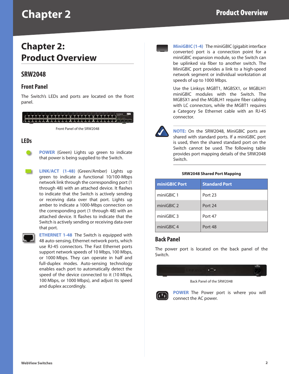 Chapter 2: product overview, Srw2048, Front panel | Leds, Back panel, Front panel leds back panel, Chapter 2, Product overview | Linksys BUSINESS SERIES SRW224G4 User Manual | Page 9 / 96