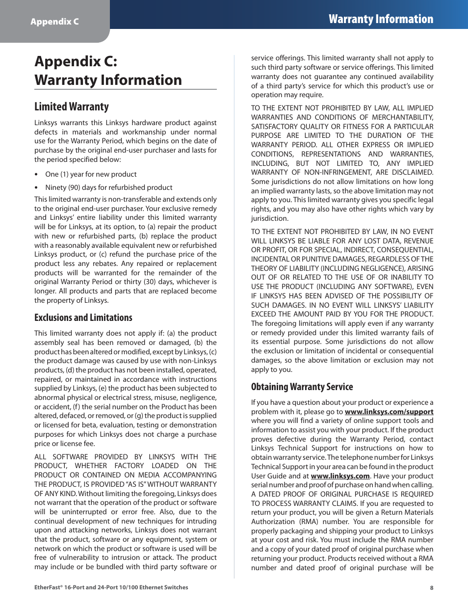 Appendix c: warranty information, Limited warranty, Warranty information | Exclusions and limitations, Obtaining warranty service | Linksys EF4124 User Manual | Page 11 / 29