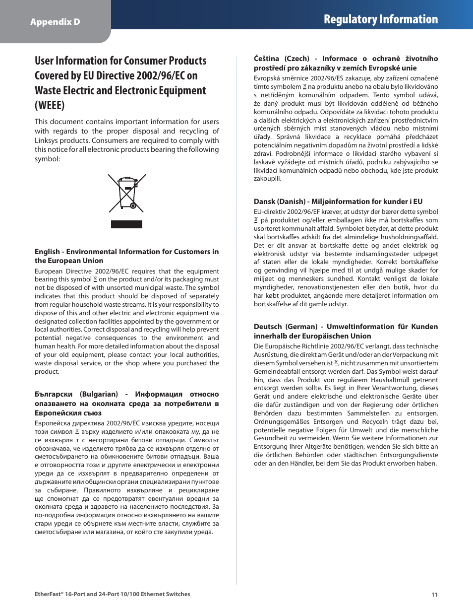 Electric and electronic equipment (weee), Regulatory information | Linksys EF4124 User Manual | Page 14 / 29