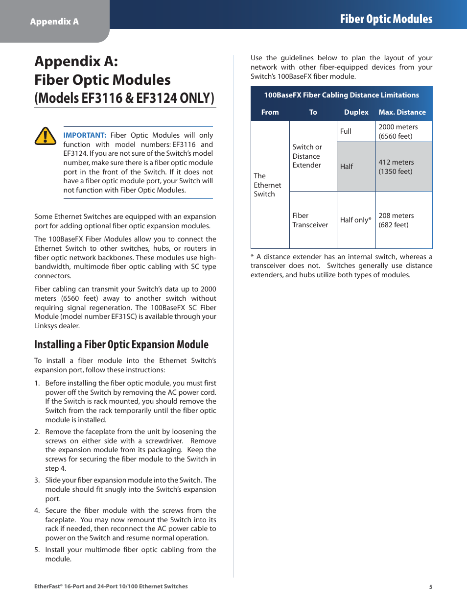 Installing a fiber optic expansion module, Fiber optic modules | Linksys EF4124 User Manual | Page 8 / 29