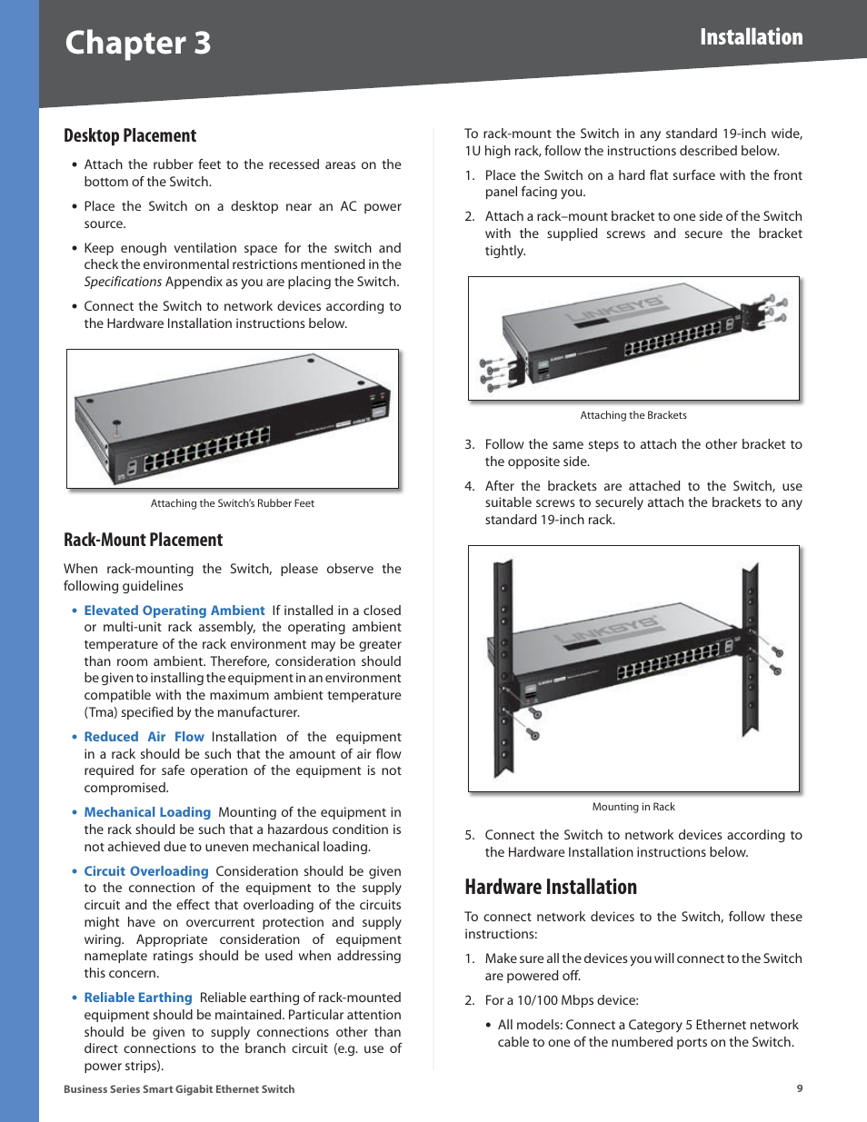 Desktop placement, Rack-mount placement, Hardware installation | Desktop placement rack-mount placement, Chapter, Installation | Linksys Business Smart Gigabit Ethernet Switch SLM2048 User Manual | Page 14 / 56