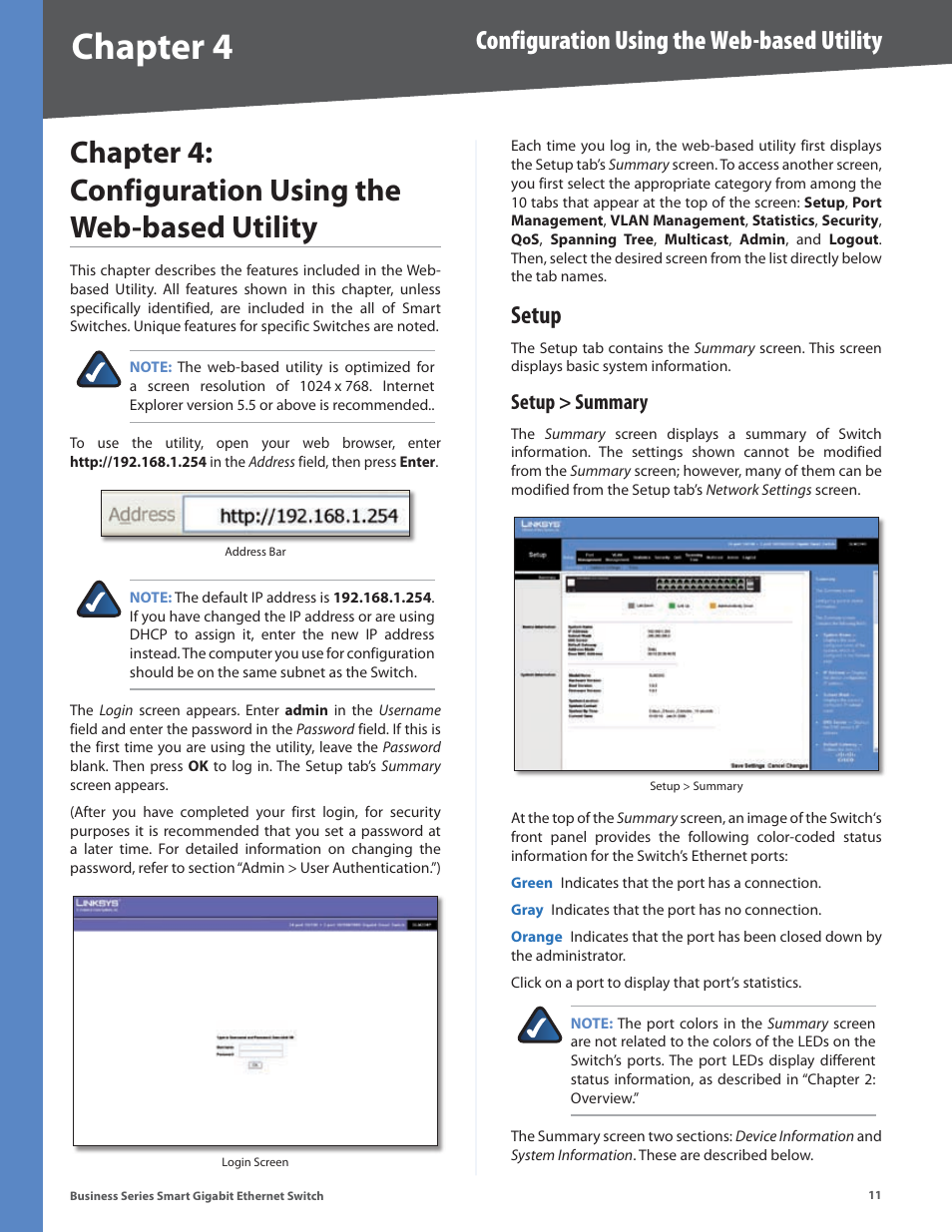 Setup, Setup > summary, Chapter 4 | Configuration using the web-based utility | Linksys Business Smart Gigabit Ethernet Switch SLM2048 User Manual | Page 16 / 56