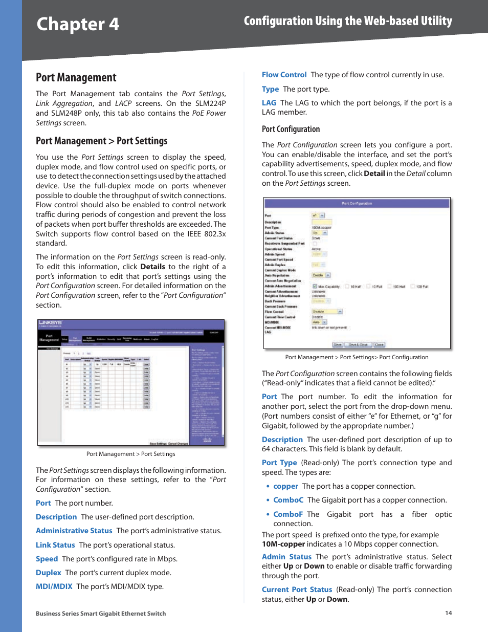 Port management, Port management > port settings, Chapter 4 | Configuration using the web-based utility | Linksys Business Smart Gigabit Ethernet Switch SLM2048 User Manual | Page 19 / 56