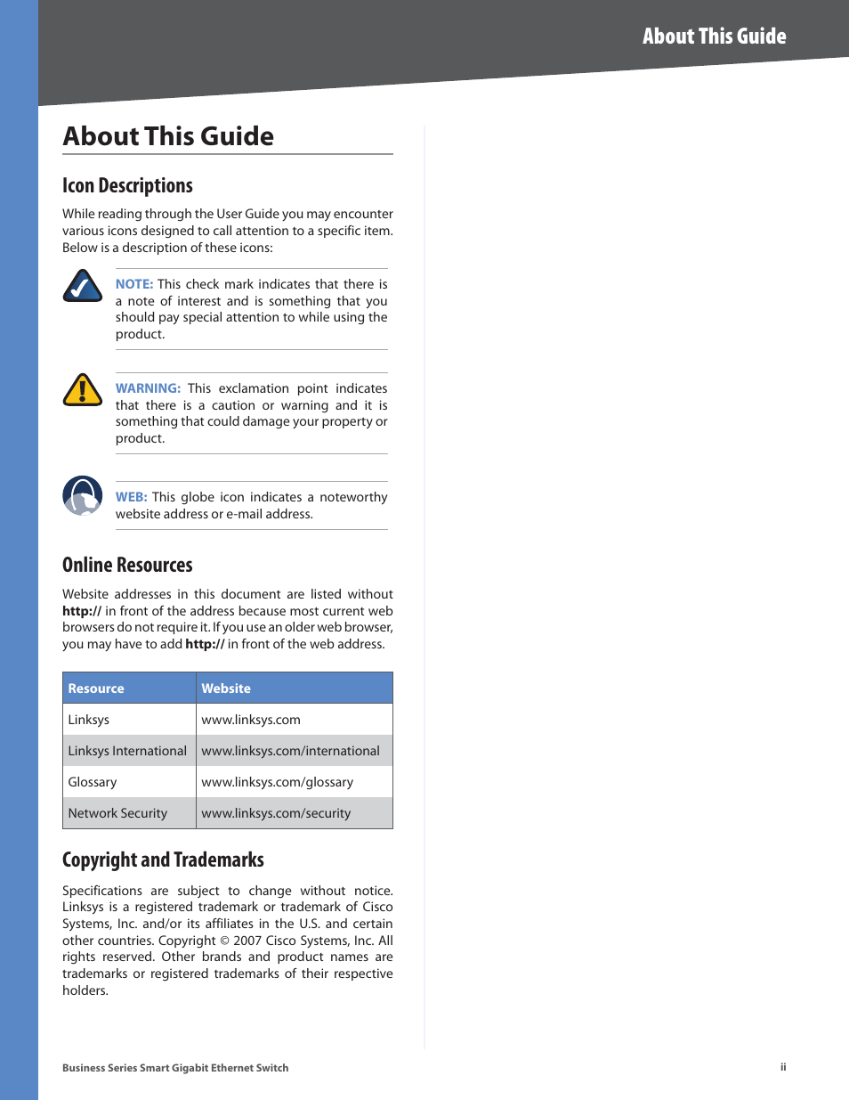About this guide, Icon descriptions, Online resources | Copyright and trademarks | Linksys Business Smart Gigabit Ethernet Switch SLM2048 User Manual | Page 2 / 56