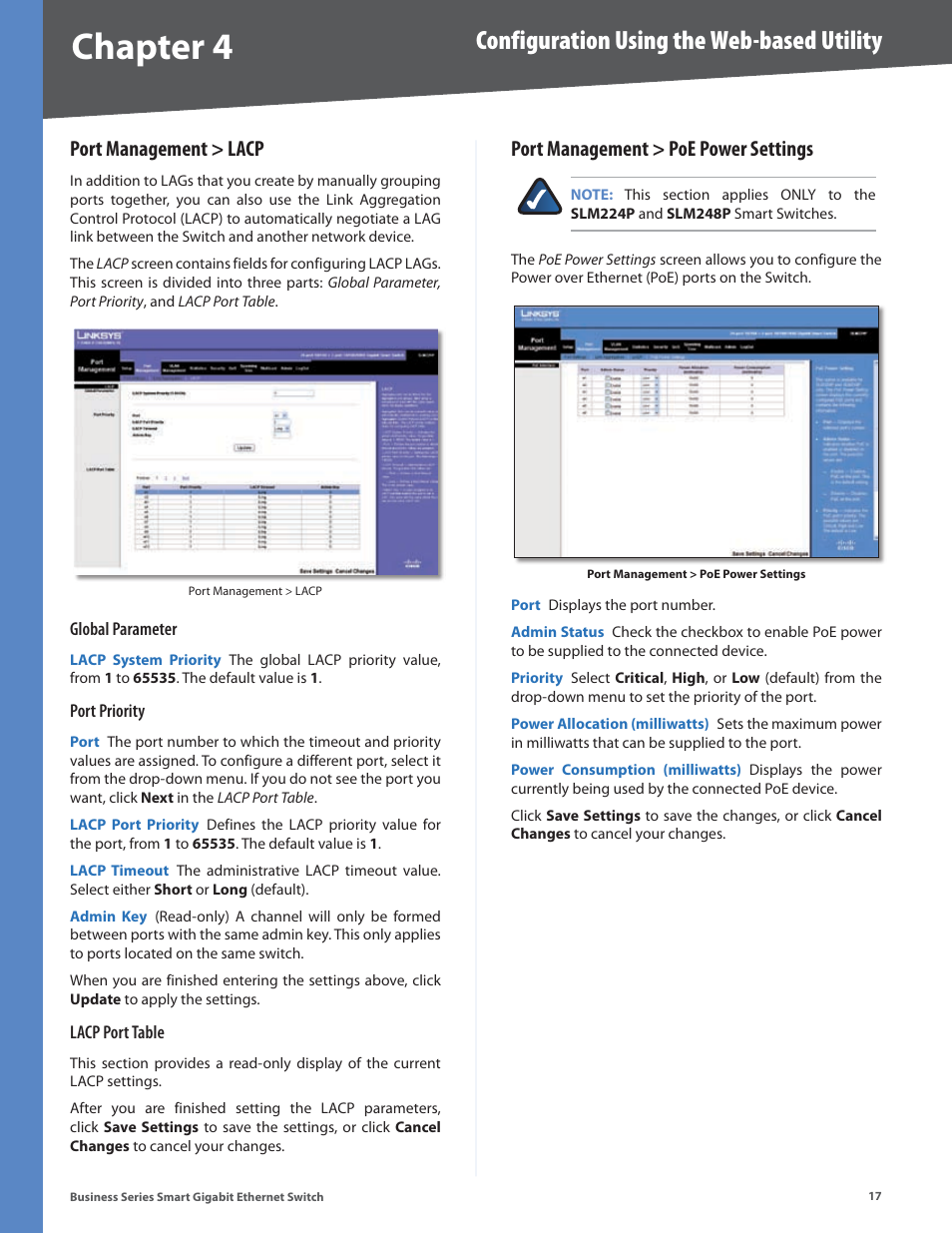 Port management > lacp, Port management > poe power settings, Chapter 4 | Configuration using the web-based utility | Linksys Business Smart Gigabit Ethernet Switch SLM2048 User Manual | Page 22 / 56